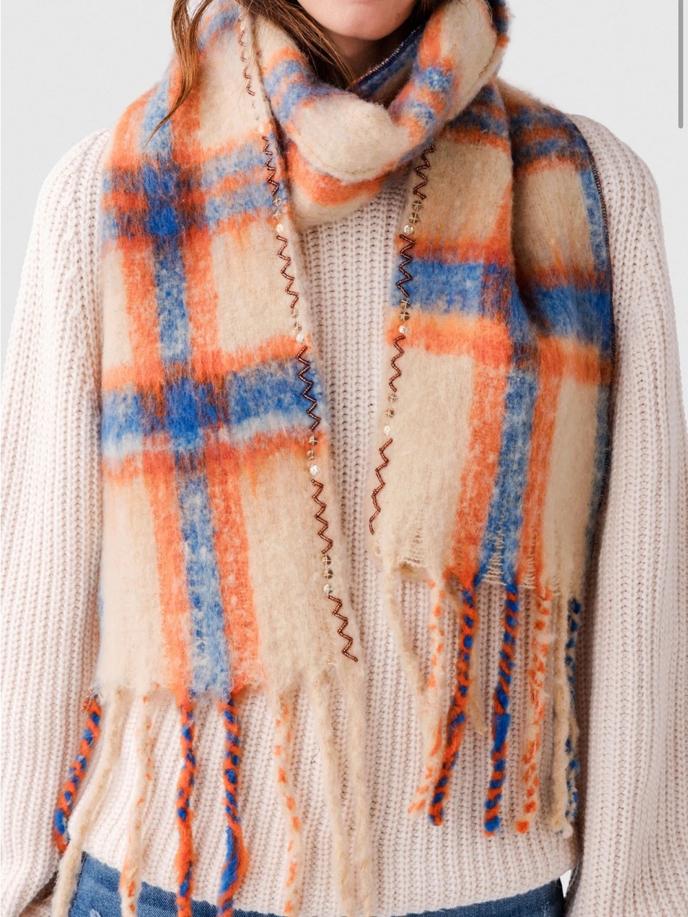 Free People Highland Plaid Skinny Scarf Ivory Blue Sequin Tessel Preppy Fun Warm